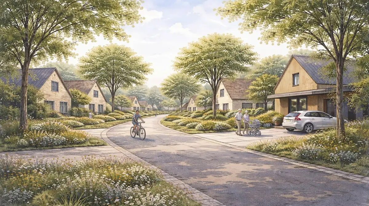 Detail van een Lindenrust erf: zitplaatsen, beplanting en overgang van privé naar gemeenschappelijk terrein