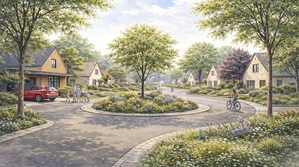 Landelijk erf van Lindenrust met woningen rond een gedeelde ruimte in een Nederlandse polderlandschap