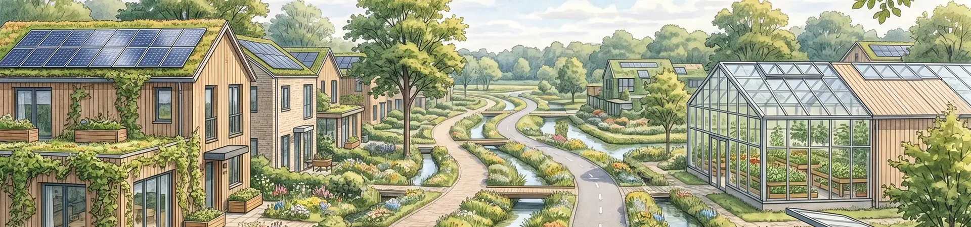 Schetsontwerp van een Lindenrust hofje met beplanting en oriëntatie van woningen