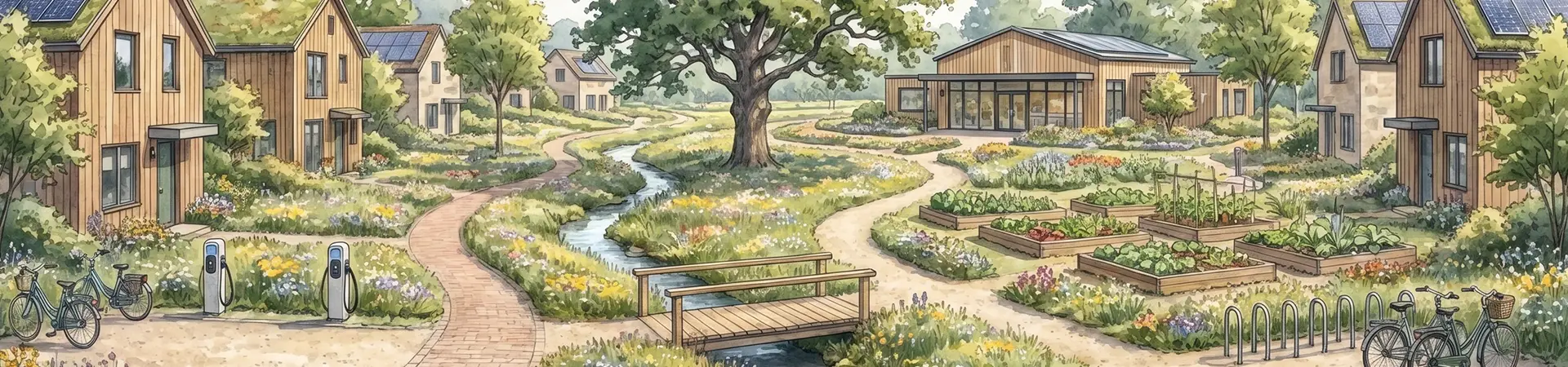 Vogelperspectief van een Lindenrust hofje met woningen gegroepeerd rond een groene binnenplaats