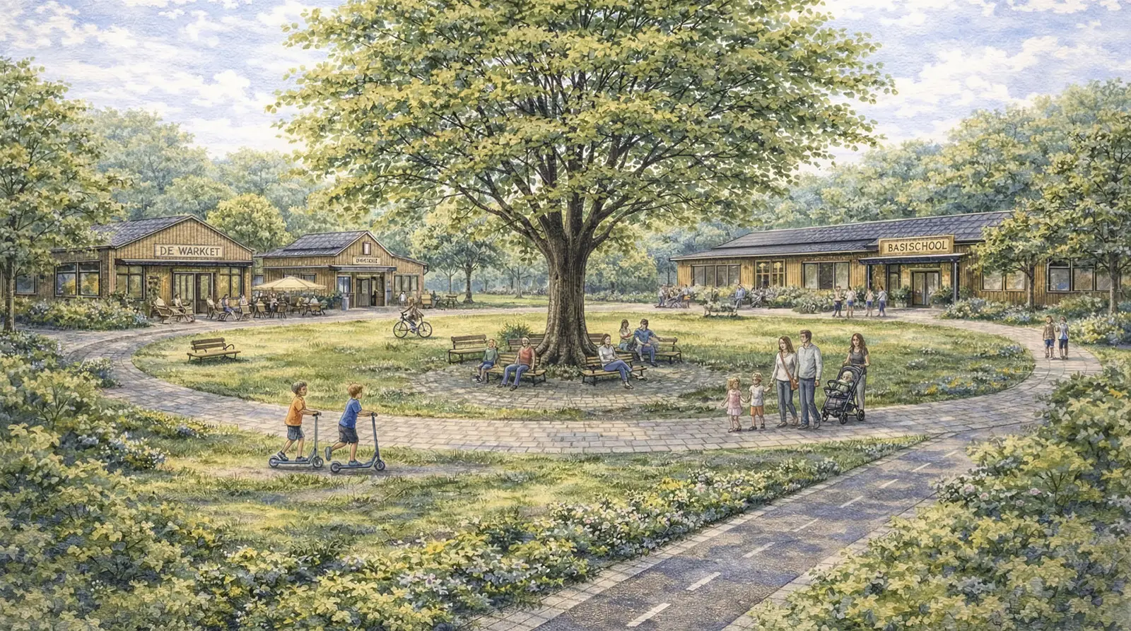 Detail van een erf ontwikkeld door Lindenrust met gedeelde buitenruimte en traditionele gevelopbouw